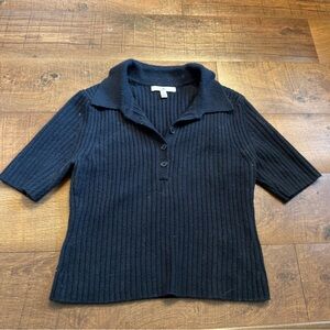 Navy Ribbed Knit Collared Top